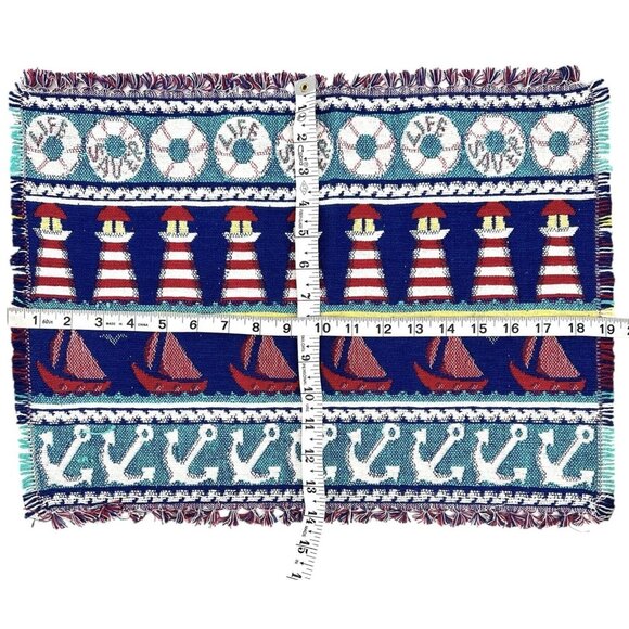Set Of 4 Nautical Woven Placemats Sailboats Lighthouses Beach Cottage Blue Red - Picture 5 of 7